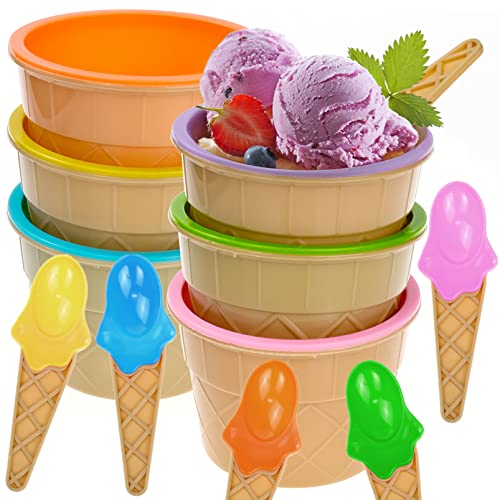 Fizleca Ice Cream Bowls Set 6-Piece Reusable Colorful Bowls with Spoons Durable Dessert Containers for Family Gatherings Camping and Parties