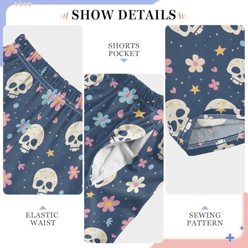 Skull with Cute Floral Pajama Pants Lounge Sleep Pants Elastic Waist Long Pajama Bottoms with Pockets for 6-14 Years4