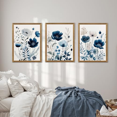 Image of DUWQU Triptych Navy Blue Watercolor Botanical Floral Wall Art 16x24 in x3