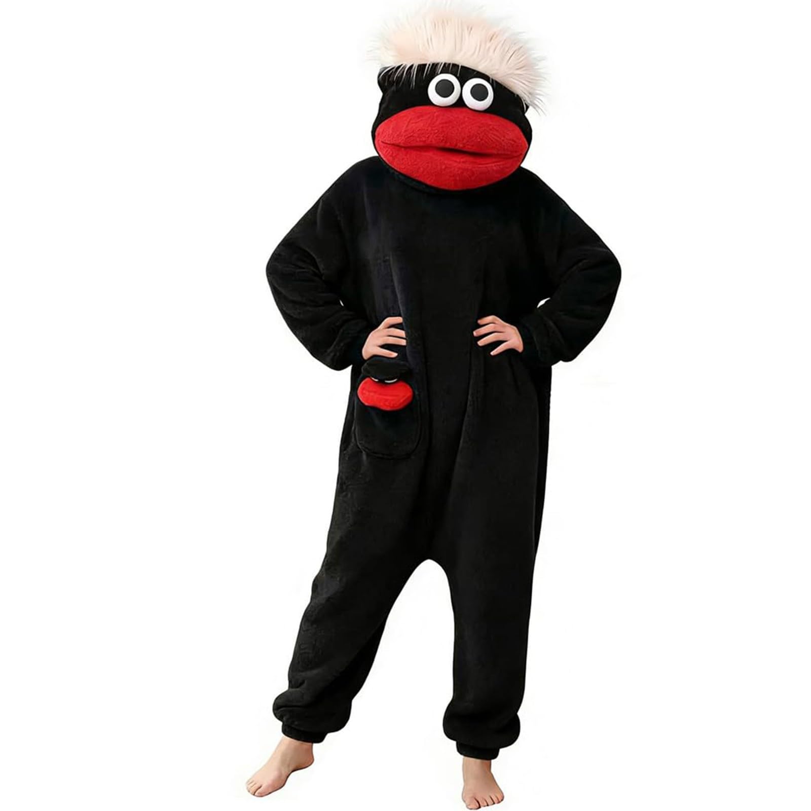 Funny Monster Onesie Silly Big Mouth Onesie Halloween Costumes Soft Cozy Fancy Dress Outfit Hooded One-Piece Pajamas Long Sleeves Loungewear for Adults (02-5-Dark Gray, M)