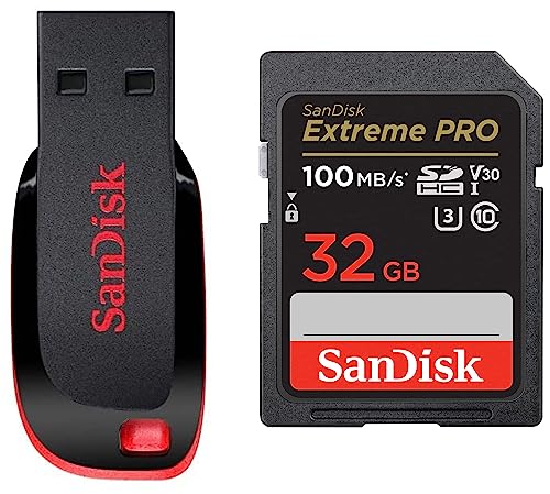Image of SanDisk Extreme Pro SD UHS I 32GB Card for 4K Video for DSLR and Mirrorless Cameras 100MB /s Read & 90MB /s Write & Cruzer Blade 64GB USB 2.0 Flash Drive