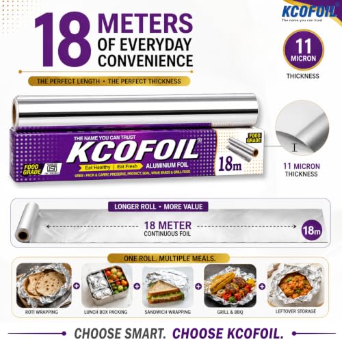 Image of Aluminium Foil 18 Meters Deliwrap 11Micron Food Wrapping,Packing, Grilling,Storing and Serving (Pack of 3)