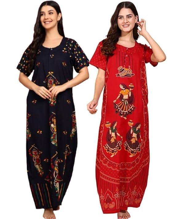 Image of PITINAN Pure Cotton Embroidered Nighty for Women | Maxi Night Gown | Jaipuri Cotton Nightdress with Pocket & Adjustable Knot | Comfortable Sleepwear