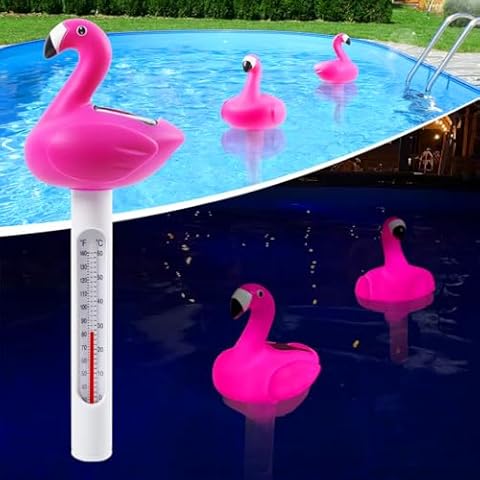 ChlorStar Floating Pool Thermometer,Solar Flamingo Pool Thermometer Floating,Easy Read Swimming Pool Thermometer at Night,Funny Pool Temperature Thermometer, Floating Water Thermometer for Cold Plunge Cover