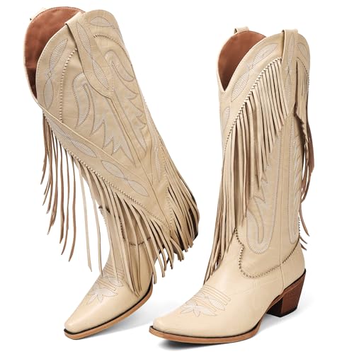 Grakihily Cowgirl Boots for Women Retro Pointed Toe Pull On Block Chunky Heel Embroide Tassel...