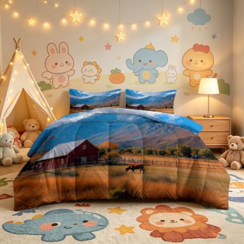 Juego de edredón suave de verano con paisaje de montaña para cama King 4