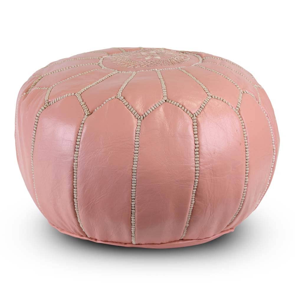 Pouf marocain Cuir Rose Doux Rond Blanc