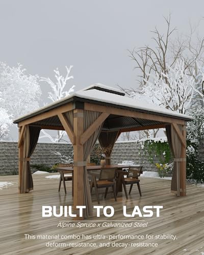 Hardtop Wood Gazebo 12'x12' for All Weather, with Double Metal Roof, Heavy Duty Wooden Frame, Net, and Curtain, Permanent Building for Patio, Deck, Backyard, Lawn, and Garden, Khaki