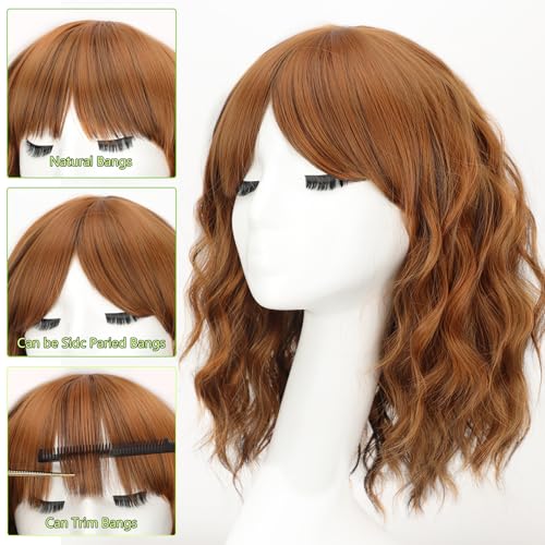 Image of AISI HAIR Synthetic Wavy Curly Bob Wig with Bangs Cooper Blonde Short Wavy Hair for Women Synthetic Heat Resistant Bob Wigs