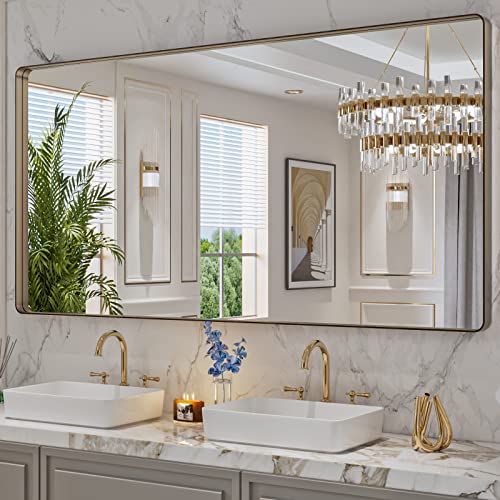 LOAAO 72”X36” Bronze Bathroom Mirrors for Vanity, Rounded Rectangle Brushed Bronze Metal Frame Mirror, Anti-Rust, Tempered Glass, Hangs Horizontally or Vertically