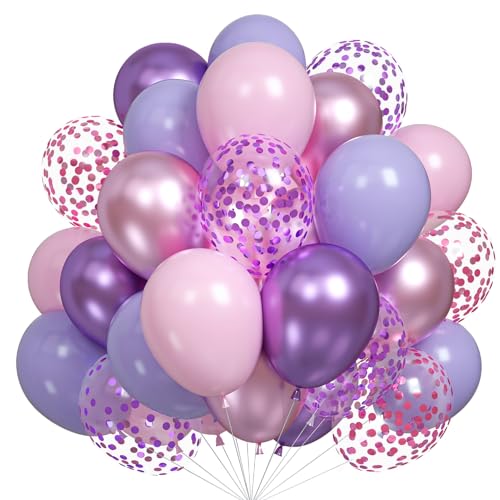 Image of Pink Purple Balloons Set, 60PCS Purple Pink Confetti Balloons, 12Inch Metallic Purple Pink Latex Balloons for Helium Macaron Party Balloons for Girls Birthday Baby Shower Wedding Party Decoration