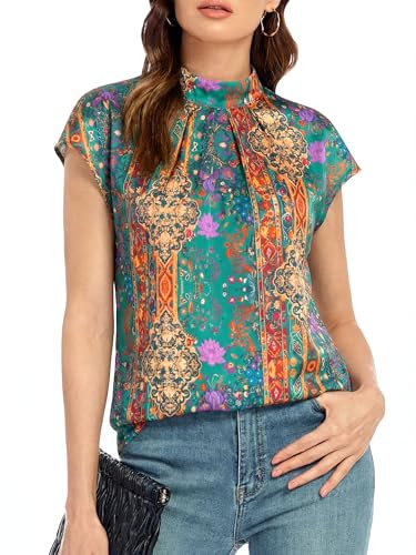 Image of Funlingo Womens Summer Tops Mock Neck Short Cap Sleeve Blouses Business Casual Work Chiffon Shirts Front Pleated Tunic Top