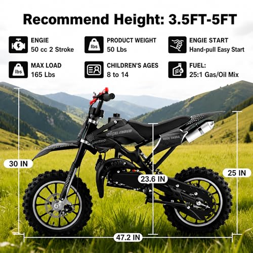 Image of 50cc Dirt Bike, 2 Stroke Gas Mini Bike for Kids 8-14 with Front Rear Disc Brakes, 10 Inch Off-Road Tires, Shock Absorption, Seat Height 23.6in, Max Speed 40mph, 2026 Upgraded,Classic Black