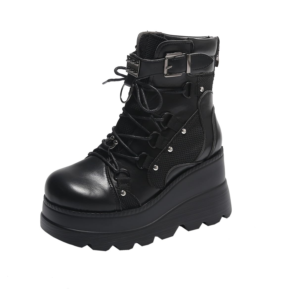 Plataforma gruesa gótica de las mujeres cuñas Botas de tobillo con cadena Corazón remache Punk Botas de motocicleta de la mitad de la ternera Cuñas de cremallera del dedo del pie redondo Tacones