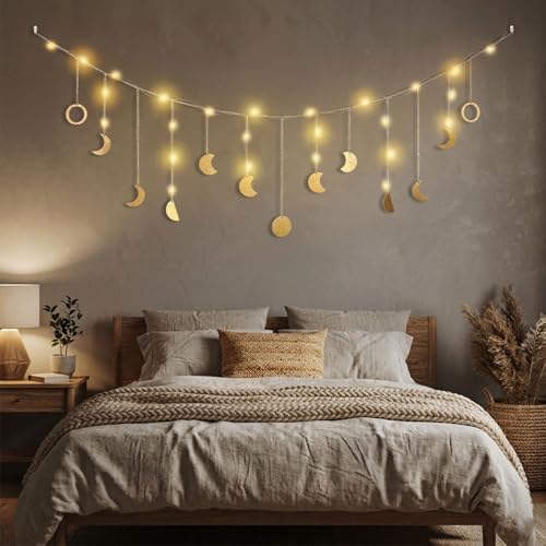 Image of Moon Phase Wall Decor with LED String Light, 13 Gold Wood Boho Wall Hanging Decor Mood Garland 56'' - Celestial Phases Moon Decoration in Bohemian Style for Bedroom Living Room, Birthday Gifts