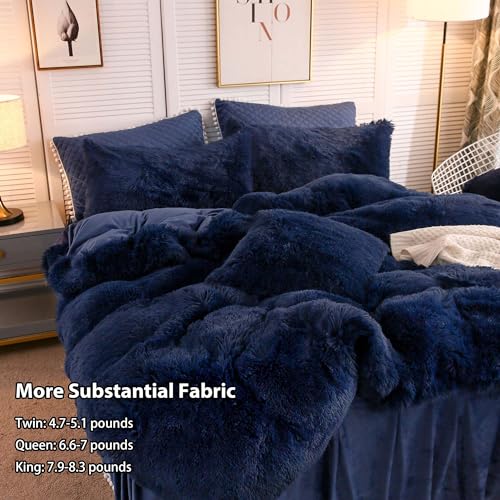Image of LIFEREVO Luxury Plush Shaggy Duvet Cover Set, Soft Velvet Fluffy Furry Duvet Cover Set(1 Faux Fur Fuzzy Comforter Cover + 2 Pom Poms Pillowcases) Solid Bedding Set, Zipper Closure(Full /Queen, Navy)