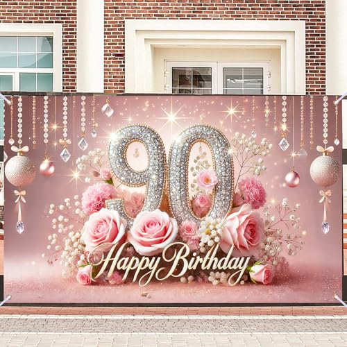 Image of Nuxovilar 90th Birthday Banner - Elegant Pink & Gold Floral Backdrop | with Glitter inch90 inch Sign, 71x43 Inch Large Party Decor for Women & Men, Reusable Indoor /Outdoor Hanging