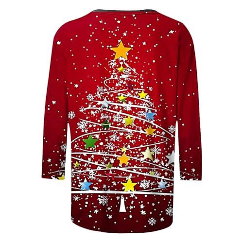 2025 Christmas Shirts for Women 3/4 Sleeve Glitter Xmas Tree T-Shirt Tunic Tops Holiday Party Christmas Clothes Gifts4