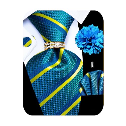 Image of 5PCS Mens Premium Silk Tie, Pocket Square, Cufflinks, Drilled Tie Ring and Lapel Pin Set for Wedding Groom Party