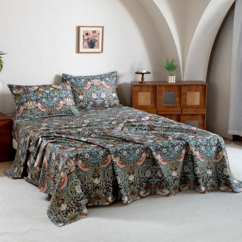 Image of FADFAY Cal King 100% Egyptian Cotton Sheets Set 4 Piece, Luxury Soft Breathable Cooling Bed Sheets, Deep Pocket Hotel Quality Bedding for Hot Sleepers, Botanical Floral Bird Print All Season Comfort