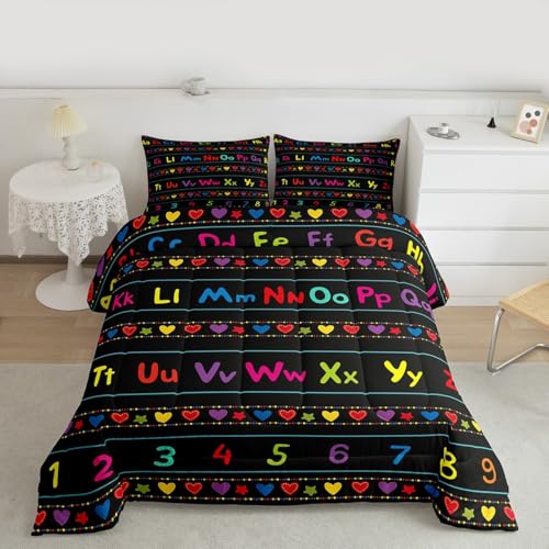 Image of Feelyou ABC Alphabet Comforter Set Full, Alphabet Numbers Bedding Set for Kids Educational Learning Comforter Learning Time Duvet Set with 2 Pillow Case