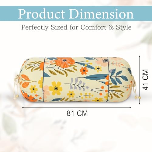 Image of GLUN Pack of 4 Multicolour Flower Printed Round Bolster Pillow Covers, Size 16 inch x 30 inch (40 x 75 cm, Cream) Printed Polyester Silk Fabric for Living Room or Bedroom, Stylish & Modern Covers