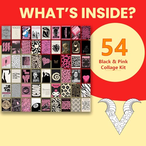 Image of VEENSHI Paper Pack of 54 Aesthetic Black & Pink Retro Wall Collage Kit, Vintage Aesthetic Room Decor | 300GSM