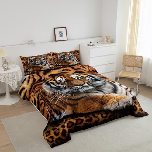 Tiger 3D Print Comforter Set Twin Size Wild Animals Bedding Set 2pcs for Kids Teens Room Decor,Animal Fur Quilt Set Soft Breathable Duvet Insert with 1 Pillowcase - 2