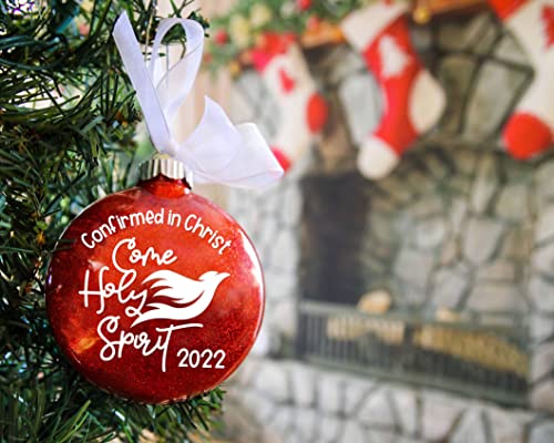 Confirmation Christmas Ornament 2022, Come Holy Spirit, Catholic Sacrament Dated Keepsake, Handmade Red Glitter Bauble With White Organza Ribbon Bow (2022) #TOP1