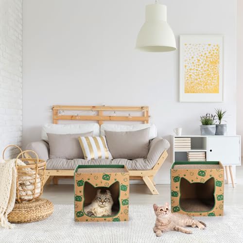Pumtus 2 Pack Cardboard Cat Houses, Cat Play House with 2 PCS Scratching Pad, Corrugated Cat Hideaway Cave, Cute Cat Condos Box, Cat Scratching Toy, Scratcher Bed for Indoor Cats, Kittens, Bunny