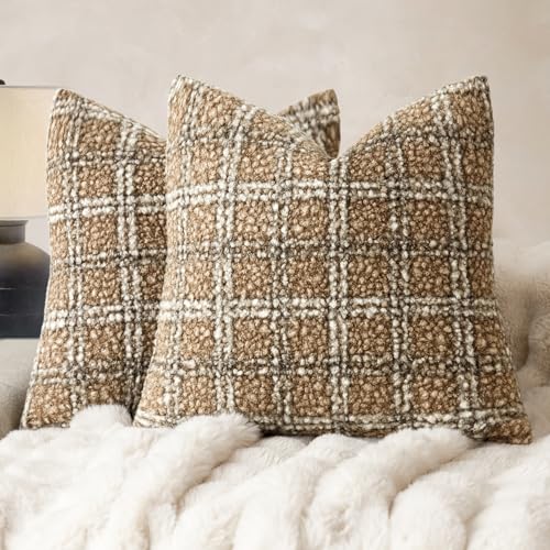 Image of Foindtower Pack of 2 Soft Faux Fur Boucle Throw Decorative Pillow Covers Fuzzy Accent Check Cushion Sherpa Boho Farmhouse Pillowcase for Couch Sofa Bed Living Room Home Decor 20x20 Inch,Light Brown