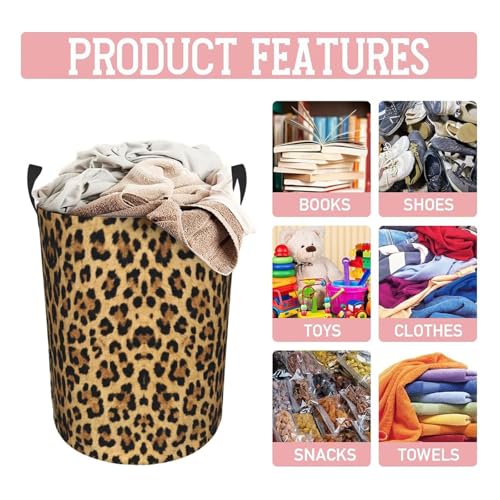 Image of Brown Leopard Print Round Laundry Hamper Animal Cheetah Storage Basket Toys Clothes Organizer Bin For Home Bathroom Bedroom Dorm Nursery, 38l