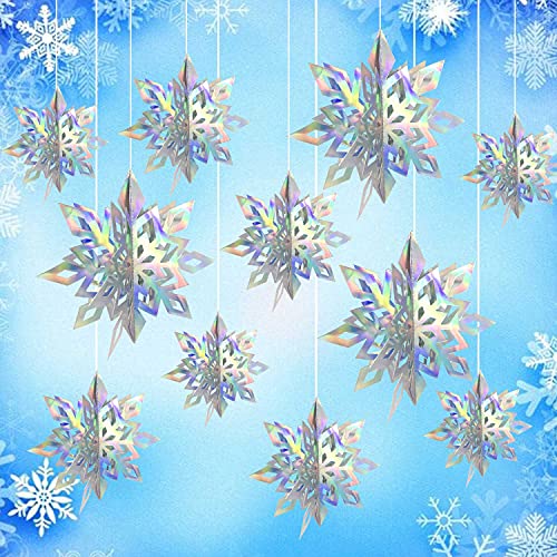 Timecity 12Pcs Winter Christmas Hanging Snowflake Decorations 3D Glittery Paper Snowflakes Ornament Iridescent Hanging Snow Flakes Ornament For Wonderland Decor Birthday Wedding New Year Party #TOP2