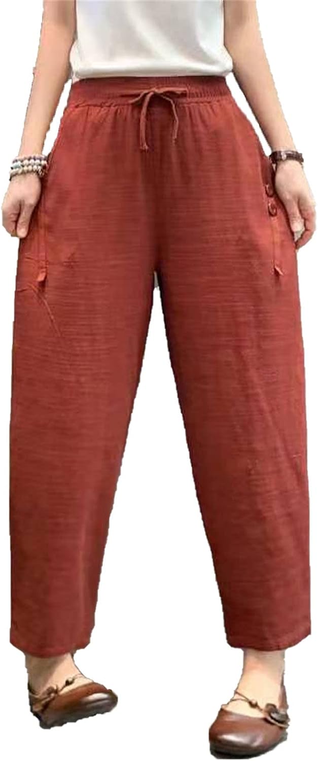 DGHM-JLMY Cotton Linen Women's Thin Radish Pants Tapered Ankle Elastic Waist Pants Casual High Waist Elastic Harem Pants