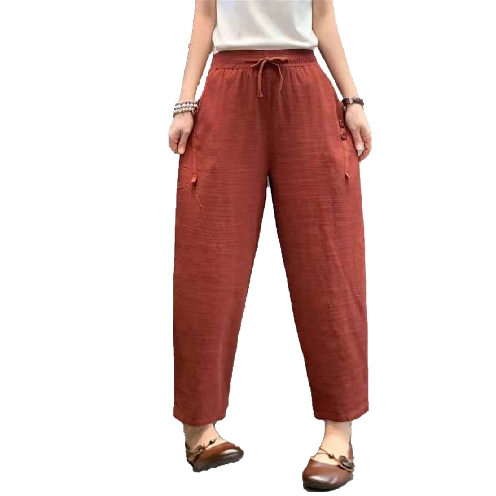 Maiyifu-GJ Women Linen Drawstring Cropped Pants Summer Soft Casual Elastic Waist Trousers Wide Leg Cropped Pant with Pockets (Red 2,XX-Large)