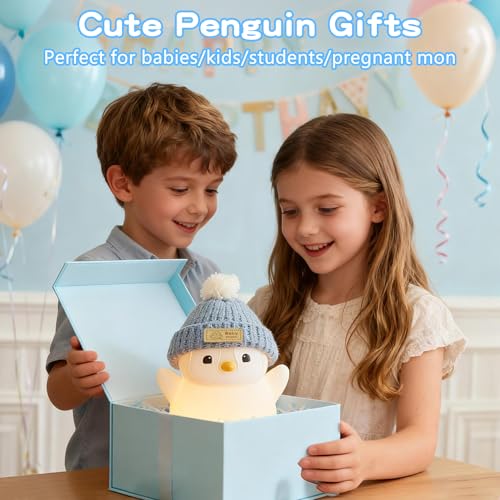 Image of FAMIDUO Pink Penguin Night Light,Cute Penguin Lamp with Hat for Kids /Mom | Squishy Silicone Nursery Nightlight, Rechargeable /Dimmable /Timer,LED Novelty Animal Bedside Light,Funny Gifts for Baby /Boys