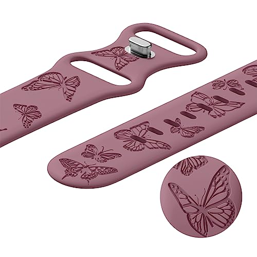 Image of Butterfly Engraved Bands Compatible with Apple Watch Band 41mm 40mm 38mm 49mm 46mm 49mm 46mm 45mm 44mm 42mm Women, Silicone Sport Strap for iWatch Series SE 10 9 8 7 6 5 4 3 2 1 SE Ultra