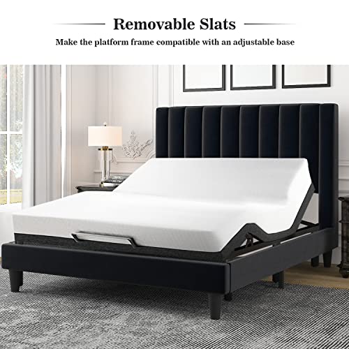 Allewie Queen Bed Frame/Velvet Upholstered Bed Frame With Vertical Channel Tufted Headboard/Strong Wooden Slats/Platform Bed Frame/Mattress Foundation/Box Spring Optional/Easy Assembly/Black #TOP7