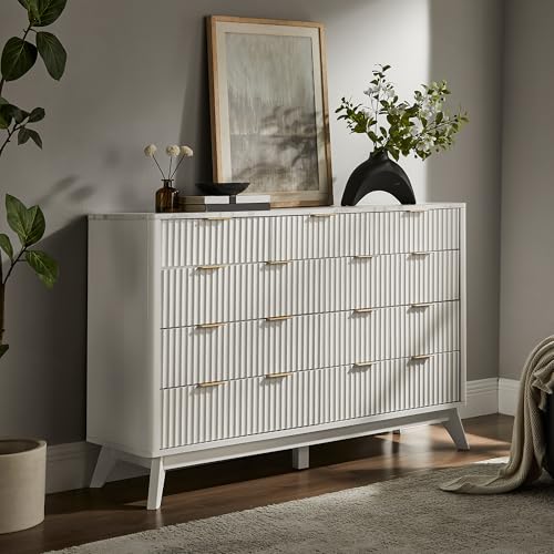 Image of T4TREAM 54 inch Wide Fluted 9 Drawer Dresser for Bedroom, Solid White | Mid Century Modern, Faux Marble Top, Curved Profile, Metal Handles, Anti-tip Kit, Smooth Slides, for Living Room, Hallway