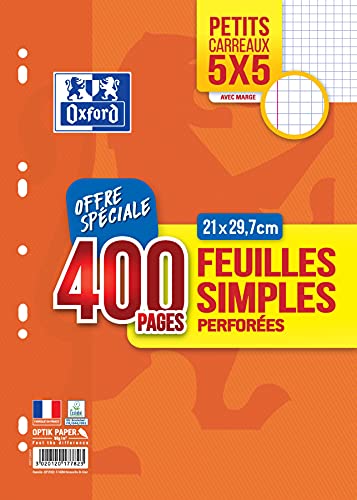 OXFORD Lot de 400 Pages Feuilles Simples Petits Carreaux 5x5 Format A4 (21x29,7cm) Perforées