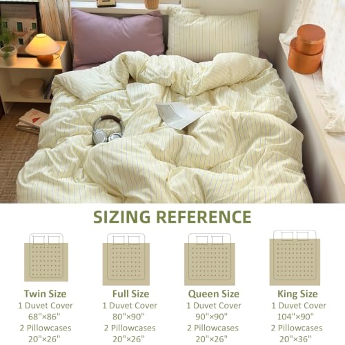 Image of EAVD Retro Striped Duvet Cover Set King Pastel Yellow&Lavender 3-Piece | Premium Washed Microfiber, Aesthetic Stripes Comforter Cover with Zipper Closure, 2 Pillowcases, Vintage Bedding, Corner Ties