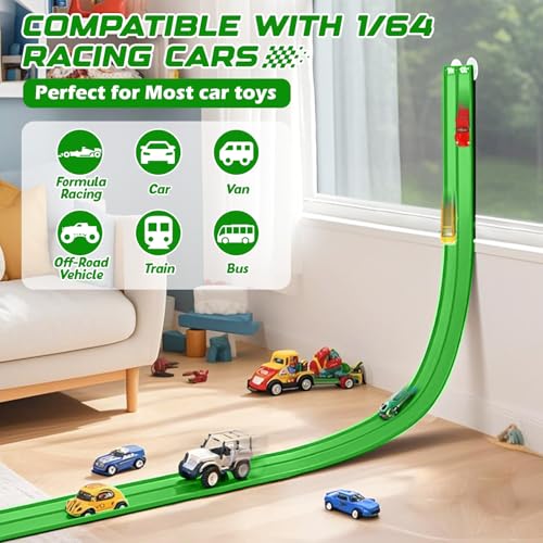 Image of Flexible Race Car Track 15 Ft Starter Set with Suction Cups Compatible with and Diecast 1 /64th Car for Ages 3 & Up Classic Green Double Track Long Rolls Up Portable Racetrack Birthday Gifts