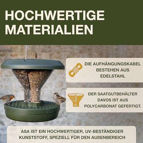 SWISSINNO Vogelfutterhaus zum Aufhängen – Davos SMART Birds - Vogelfutterspender mit Auffangschale - Futterstation für Vögel - Futtersilo Rattensicher - Vogelhaus für Garten & Balkon - Grün