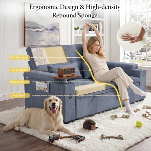 Image of Dreamzie 65'' Convertible Sleeper Sofa Bed with Swivel Side Table, Chenille Pull Out Couch for Living Room, Loveseat Sleeper Couch with Hidden Storage Space | Charging Port | Cup Holders, Blue