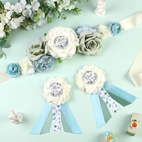 Image of Dusty Blue Sage Green Baby Shower Maternity Sash Kit, Greenery Gender Reveal Belly Belt and Mom to Be Dad to Be Corsage Pins, New Parents Pregnancy Announcement Photo Props Party Supplies