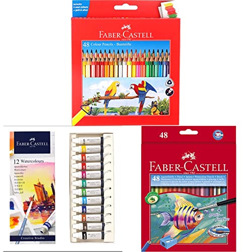 Image of Faber-Castell 48 Triangular Colour Pencils & Creative Studio Watercolours, 5 ml - Set of 12 & Design Series Aquarelle Full Length Water Color Pencils - 48 Shades