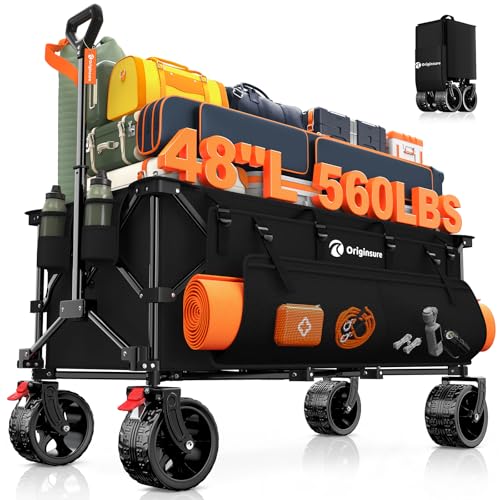 48' L Folding Beach Wagon Cart Foldable, 560lbs Weight Capacity 300L Heavy Duty Collapsible Wagons with Big All-Terrain Wheels, Utility Carts for Groceries, Shopping, Camping, Sports - Black