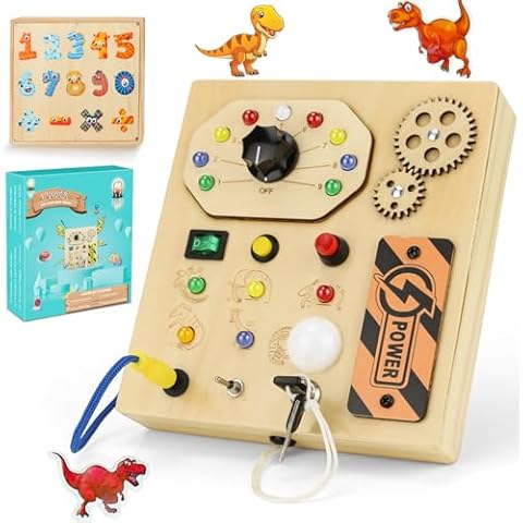 JAMIEWIN Montessori Busy Board with LED Light Switch for Toddlers 1-3, Wooden Sensory Board Travel Toys for Toddlers Baby, Montessori Toys Christmas Birthday Gifts for Boys Girls 1 + Year Old Cover