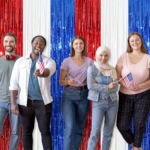 Image of 3 Pack White Blue Red Foil Fringe Curtains Backdrop, 3.28 x 9.8 Ft Metallic Streamers Tinsel Curtains Background for Photo Booth, Birthday, Halloween, Christmas, New Year Party Decorations