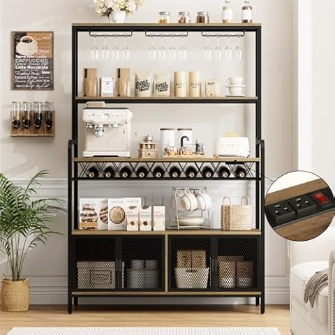 HITHOS 67" Buffet Cabinet with Built-In Power Outlet, Industrial Hutch with Storage Cabinets, Kitchen Pantry with Wide Tabletop, Coffee Bar with Wine Rack & Goblet Holder for Dining Room, Rustic Brown Cover